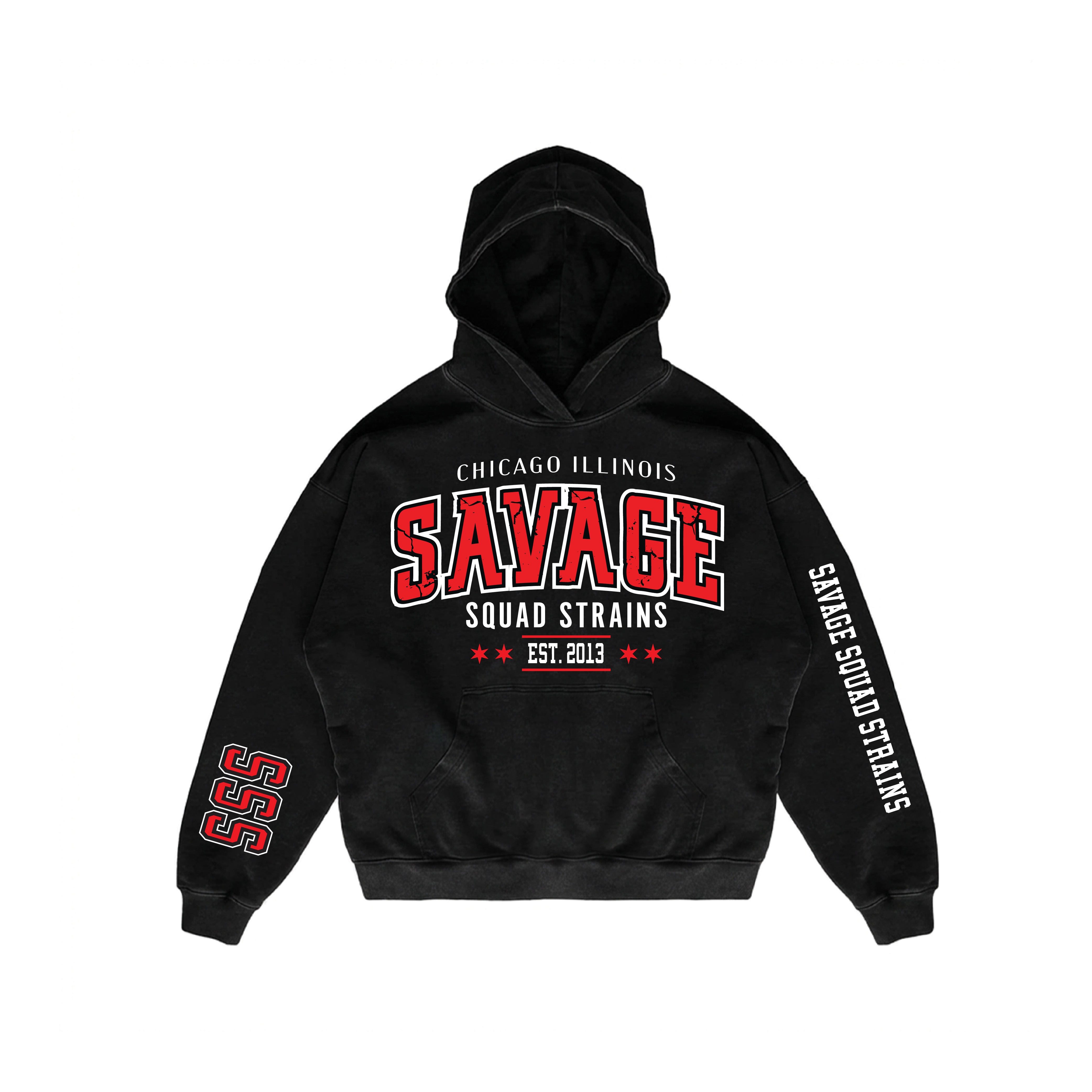 Savage Squad washed hoodie with red flame sleeves