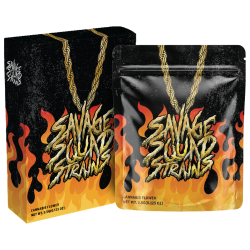 Savage Squad Strains 3.5g cannabis flower bag and box